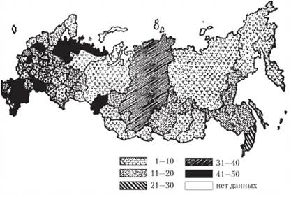 Степень загрязнения вод России по микробному числу.