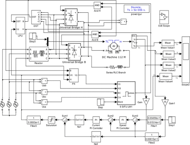 Схема модели электропривода с раздельным управлением с выделением среднего значения пульсирующего сигнала.