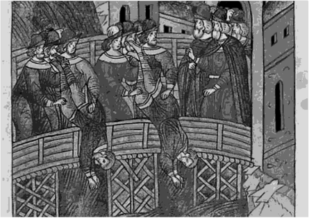 Казнь стригольников в Новгороде в 1375 г. Миниатюра Лицевого.