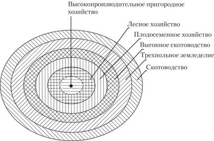 Графическая схема размещения сельского хозяйства (по И. Тюнену).