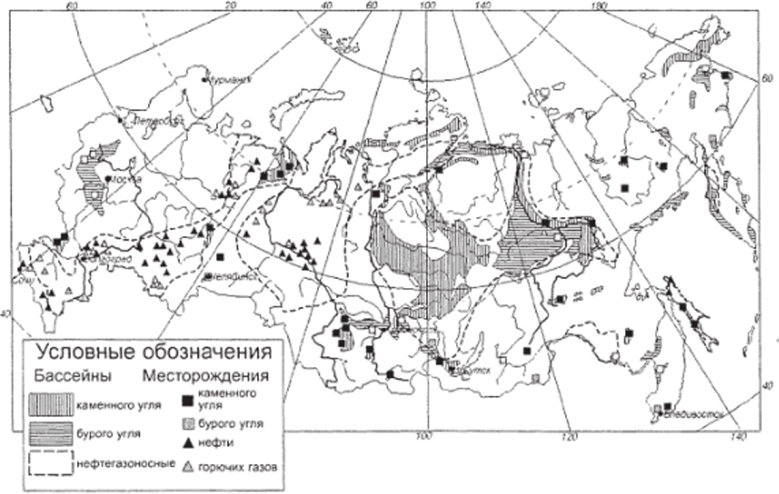 Нефтегазоносные бассейны и месторождения угля в России.