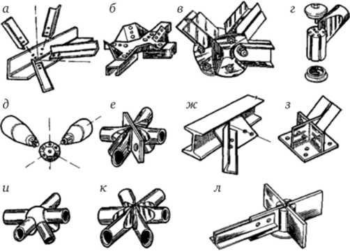 Примеры узловых сопряжений стальных стержней структурных плит.