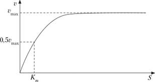 Зависимость скорости реакции (а) от концентрации субстрата (S).