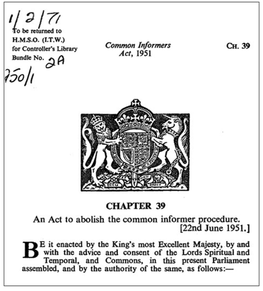 Титульный лист закона «Об общих информаторах», отменивший плату за доносы в Британии, 1951 г.