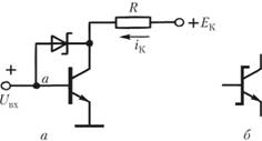 Транзистор Шоттки: принципиальная схема (а), условное обозначение (б).