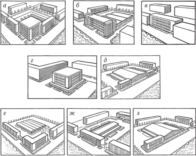 Примеры размещения одноэтажных (а — г) и многоэтажных (д — з) гаражей в городской застройке.