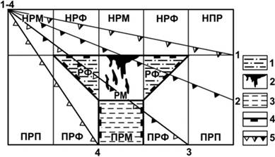 Вертикальный разрез геометризованной модели месторождений колчеданного семейства (по А.И. Кривцову).