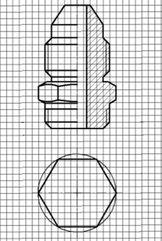 Построение эскиза штуцера. Вычерчивание симметрии образующего контура.Нанесение штриховки плоскостей шестигранника с конической поверхностью, заменяем дугами (рис. 4.3).
