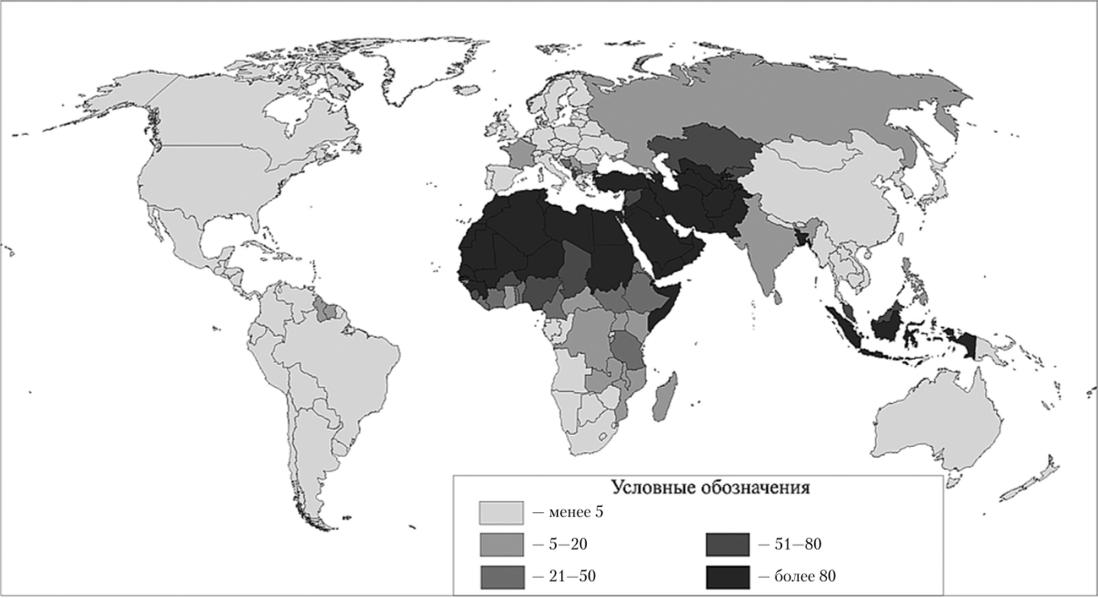 Удельный вес мусульман в общей численности населения стран мира, 2015 г., %.