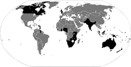 Содружество Наций, возглавляемое Великобританией: черным цветом обозначены страны Содружества.
