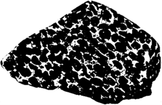 Нодулярная текстура хромитовой руды ранней кристаллизации. Темное — хромит, светлое — перидотит. Фото Тейлора. 3/4 натуральной величины.