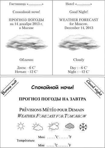 Образцы карточек о состоянии погоды для информирования гостей.