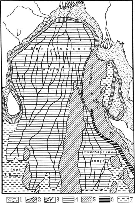 Конусы выноса мутьевых потоков в северо-восточной части Индийского океана (по О. К. Леонтьеву).