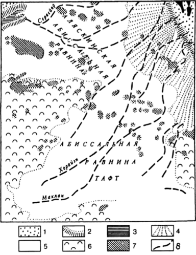Абиссальные долины в северо-восточной части Тихого океана (по О. К. Леонтьеву, 1976).