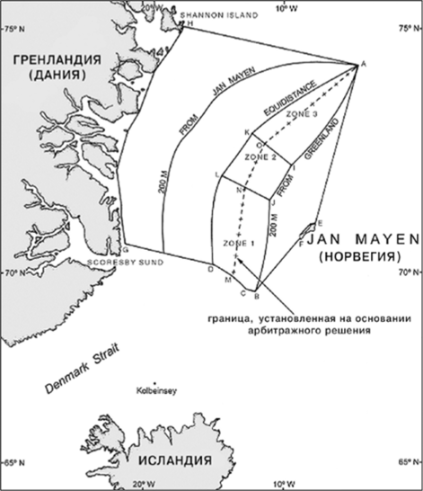 Граница между островами Ян Майен и Гренландией по решению Международного суда.