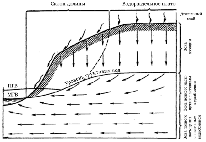 Схема циркуляции подземных вод при благоприятных условиях инфильтрации осадков (по А. Лыкошину с добавлениями).