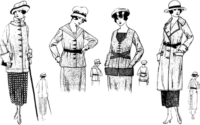 Модели женских костюмов, переделанных из военной формы.