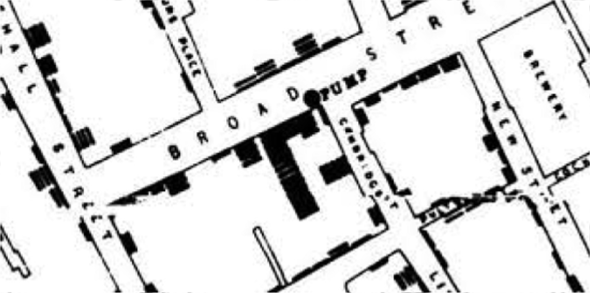 Л1. Фрагмент плана доктора Сноу, показывающего, что смертные случаи действительно концентрируются вокруг водоколонки на Брод-стриг.