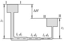 Схема к определению расхода при последовательном соединении трубопроводов.