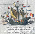 Виктория, единственный корабль экспедиции, который смог завершить первое кругосветное плавание. (на карте Maris Pacifici Абрахама Ортелия, 1589 год.).