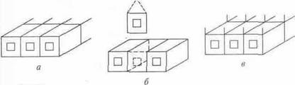 Рис. 34. Конструкции блоков и зданий из объемных блоков: а, б, в — конструктивные схемы: объемно-блочная, блочно-панельная, каркасно-блочная;г, д— блоки типа «колпак» и «стакан»; е — установка объемного блока.
